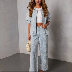 Vici Light Blue Embroidered Wide-Leg Pants